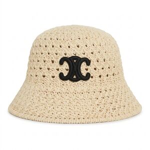Designer Light Tan Crochet Hat with Black Triomphe Logo - NEW